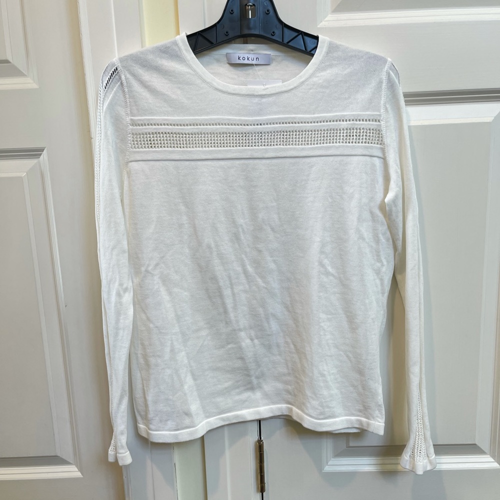 Kokun White Perforated Stripe Pullover Sweater